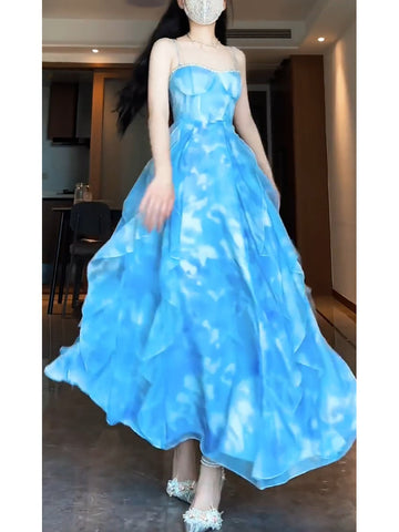 A line Spaghetti Straps Blue Holiday Dress Chiffon Birthday Dresses Birthday Outfits SD1292